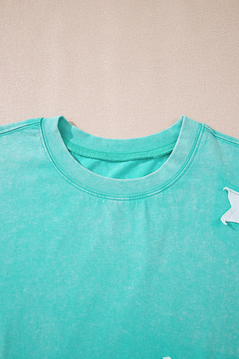 Acid Wash Star Applique Rolled Trim Pants Set