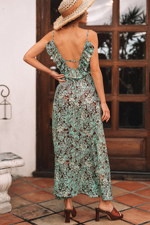 Bohemian V Neck Backless Ruffled Tassel Waist Maxi Floral Dress