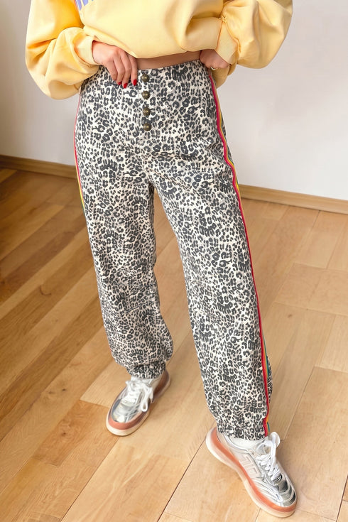 Leopard Print Rainbow Striped Buttoned Loose Jogger Jeans