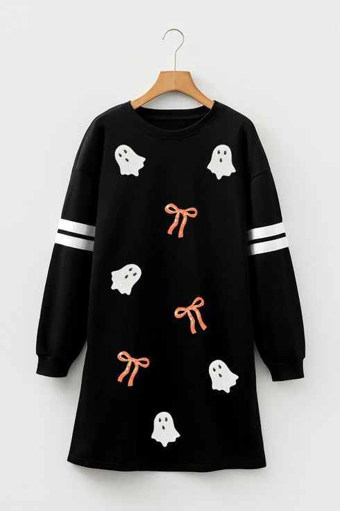 Sequin Ghost Varsity Stripe Sleeve Sweatshirt Graphic Dress
