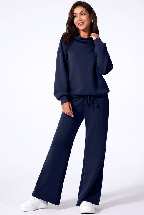 Cowl Neck Drawstring Pullover Wide Leg Athleisure Pant Set