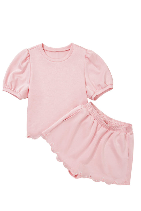 Puff Sleeve Pearl Embellished Scallop Trim Two Piece Dress