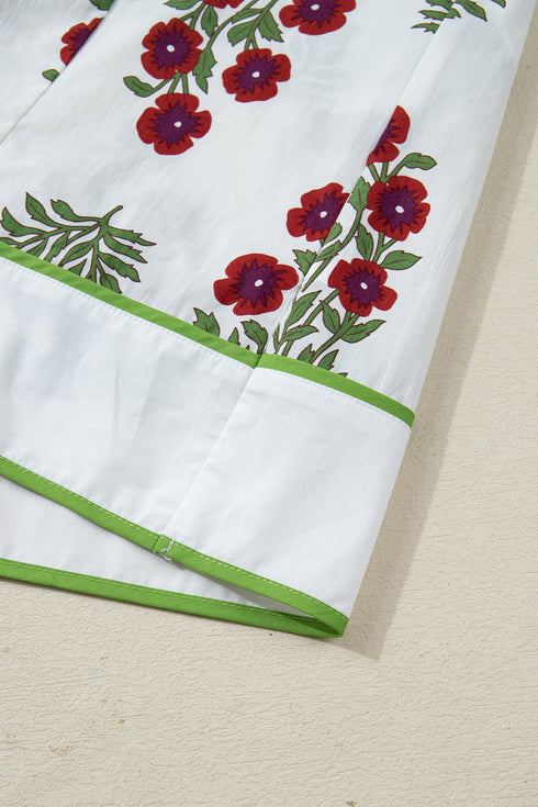 Frilled V Neck Three Quarter Sleeve A Line Floral Dress