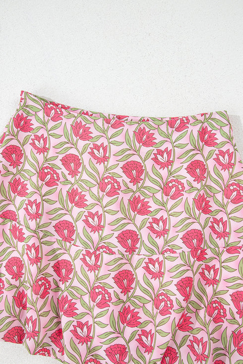 Bohemian Floral Print Puffy Cropped Mini Skirt Two Piece Dress