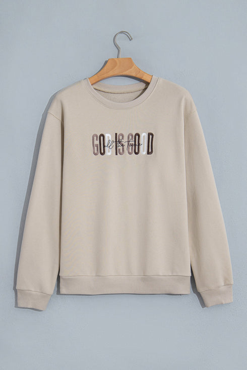 God Is Good Embroidered Western Letter Crewneck Sweatshirt
