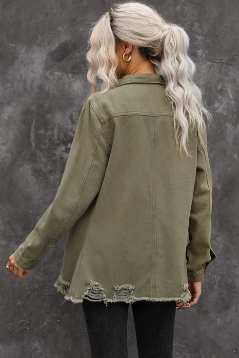 Cotton Raw Hem Distressed Denim Shirt Jacket