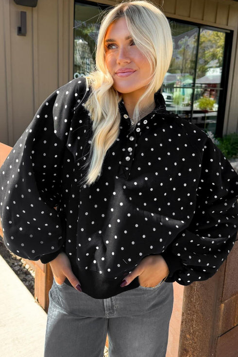 Metal Button Collar Polka Dot Pullover Sweatshirt