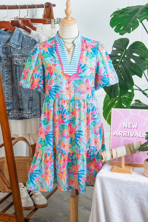 Floral Print Scallop Striped Trim V Neck Mini Dress
