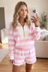 Striped Patchwork Zipper Pullover Elastic Waist Shorts Two Piece Short Set