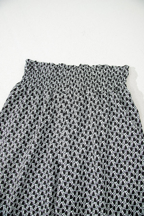 Bohemian Print Smocked High Waist Wide Leg Slit Pants