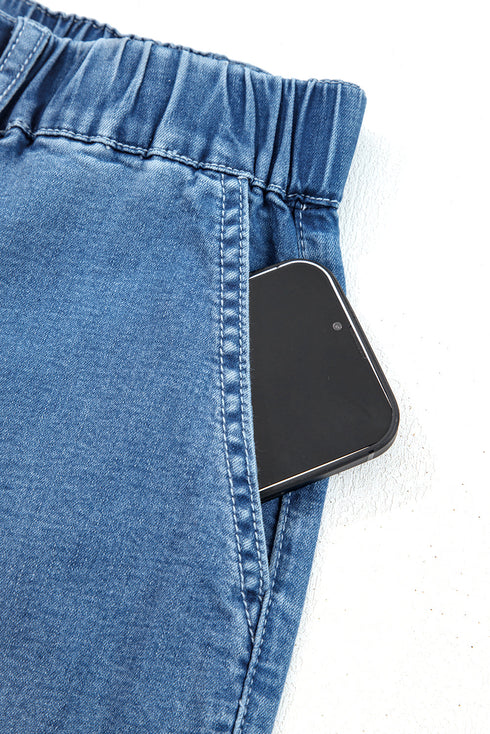 Elastic Waist Ruffled Wide Leg Denim Pants