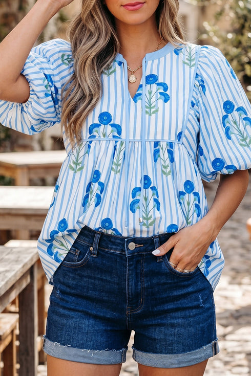Floral Striped Print Tie Neck Puff Sleeve Blouse