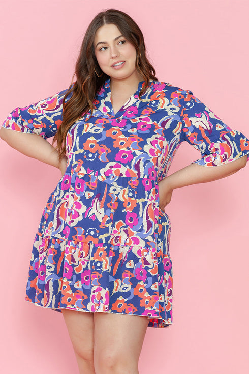 Floral Print Ruffled Three Quarter Sleeve Mini Dress