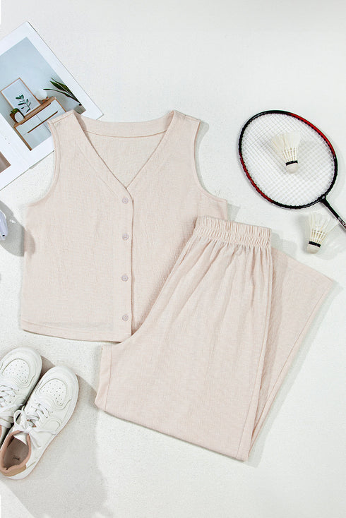Buttoned V Neck Tank Top Wide Leg Pant Set