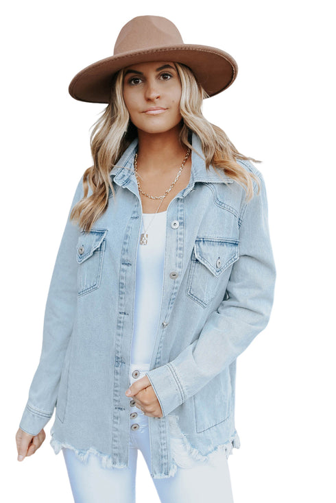 Casual Distressed Raw Hem Flap Pocket Denim Jacket