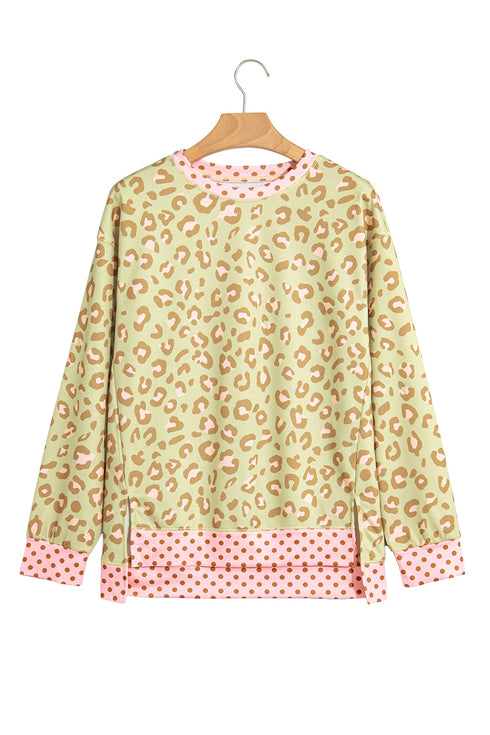 Leopard Polka Dot Trim Long Sleeve Top
