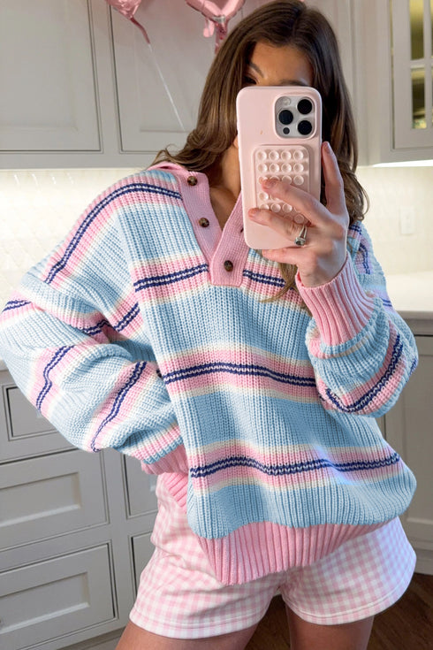 Striped Button Collar Long Sleeve Shift Fit Knitwear Sweater