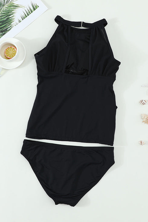 High Neck Mesh Insert Ruched Halter Tankini Top