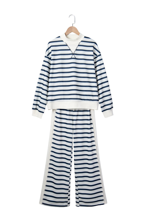Striped Ribbed Cuff Collar Pocket Loose Pant Set