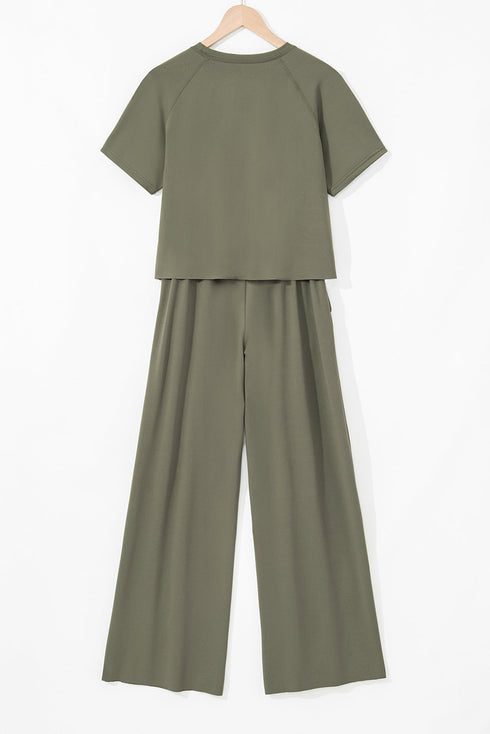 Smocked Raw Hem Loose Tee Wide Leg Pant Sets