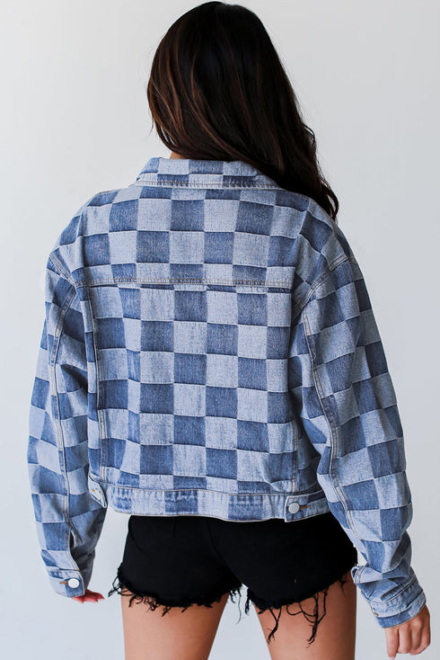 Checkered Print Patchwork Button Up Denim Jacket