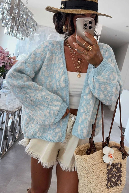 Leopard Print V Neck Long Sleeve Loose Fit Knit Cardigan