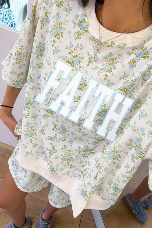 Floral Print Faith Graphic Short Sleeve Top Loose Set