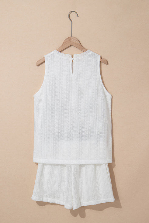 Solid Textured Lace Tank Top And Drawstring Short Sets