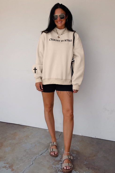 Christ Is King Embroidery High Neck Baggy Sweatshirt
