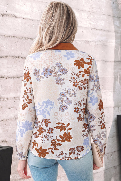 All Over Floral Print V Neck Long Sleeve Blouse