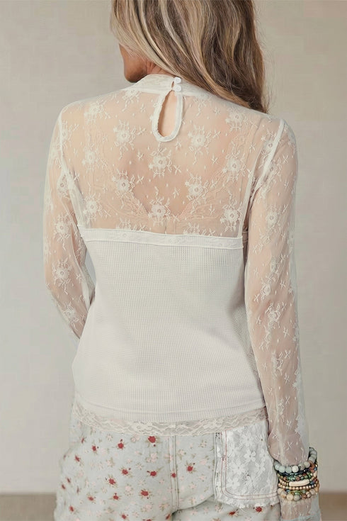 Lace Mesh Waffle Knit Long Sleeve Top