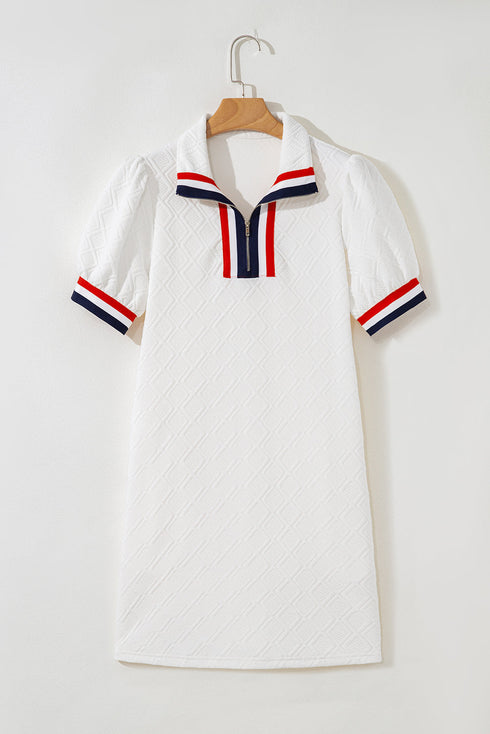 Textured Contrast Trim Puff Sleeve Quarter Zip Mini Dress
