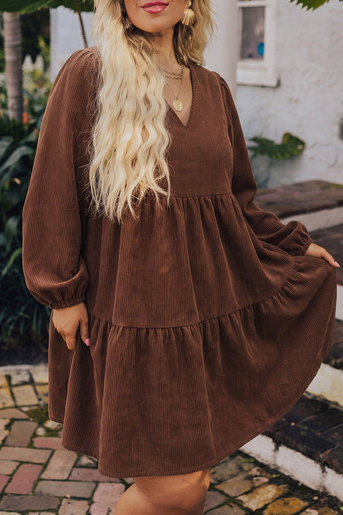 Corduroy V Neck Long Sleeve Mini Dress