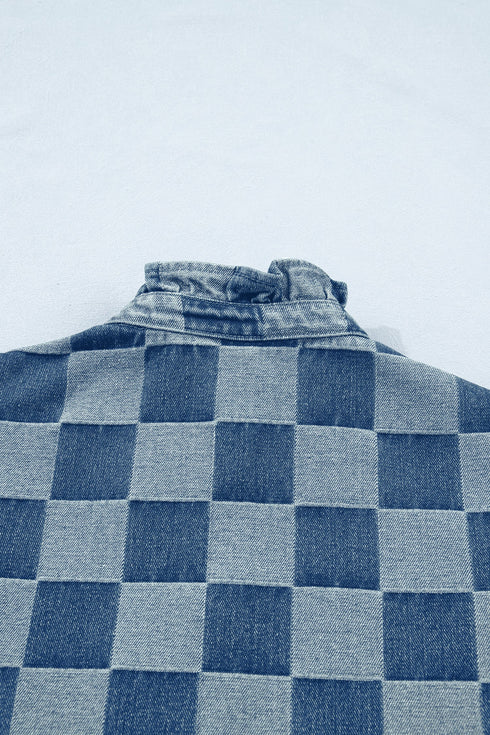 Western Checkered Ruffle Trim Button Down Denim Vest