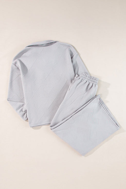 Solid Textured Collared V Neck Wide Leg Pant Sets