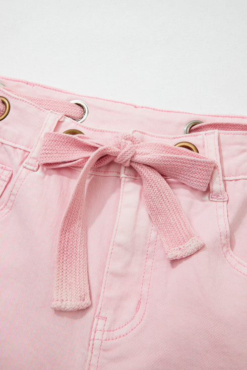 Cotton Denim Grommet Knot Waist Barrel Jeans