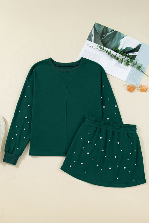 Pearl Embellished Drop Shoulder Pullover Mini Skirt Two Piece Dress