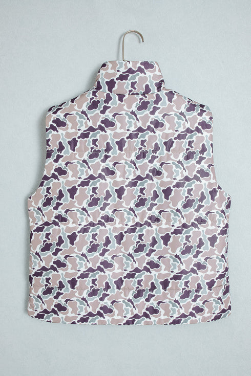 Camouflage Puffer Stand Neck Zip Up Sleeveless Vest