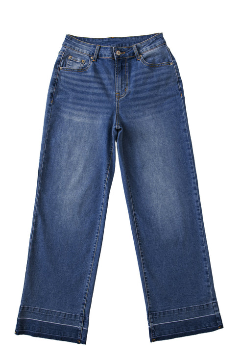 High Rise Straight Loose Raw Hem Cuffed Jeans