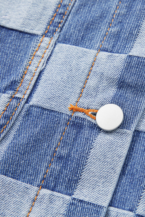 Checkered Print Patchwork Button Up Denim Jacket