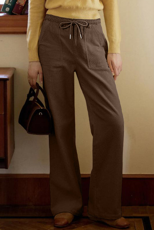 Polyester Tie Elastic Waist Soft Corduroy Pants