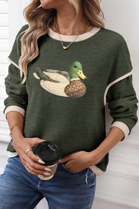 Four Leaf Clover Mallard Duck Graphic Trim Patchwork Knit Tee