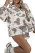 Western Print Raw Hem Long Sleeve Top Drawstring Short Set