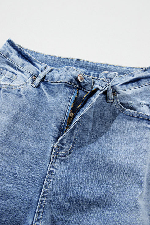 Chic High Rise Distressed Wide Leg Denim Jeans