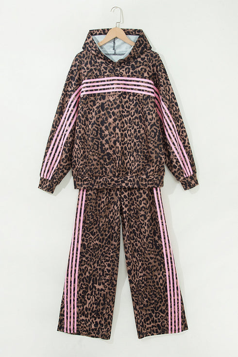 Leopard Print Striped Long Sleeve Top Pant Set