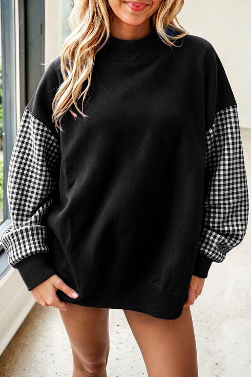 Plaid Sleeve Mock Neck Loose Tunic Sweatshirt