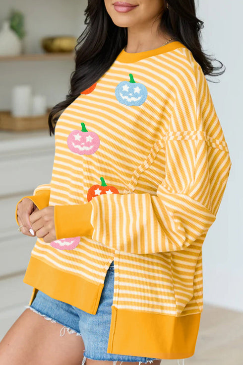 Pumpkin Face Stripe Waffle Knit Slit Pullover Sweatshirt