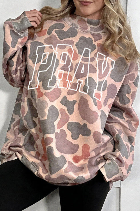 Embroidered Faith Slogan Camo Graphic Pullover Sweatshirt