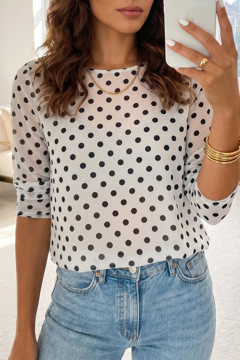 Polka Dot Sheer Mesh Round Neck Long Sleeve Top