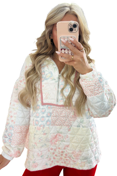 Floral Quilted Metal Zipper Collar Long Sleeve Sweatshirt